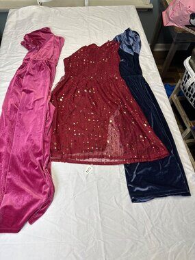 girls  bundle size 14/16  2 rompers 1 dress  blue romper has a few small spots